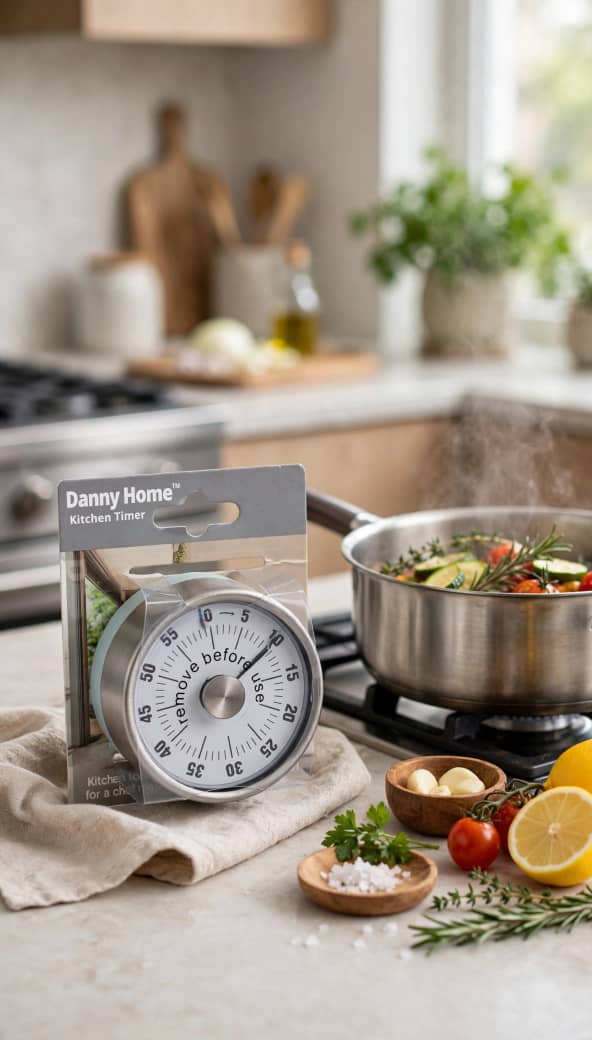 Danny Home Kitchen Timer on a kitchen countertop next to a pot of cooking vegetables