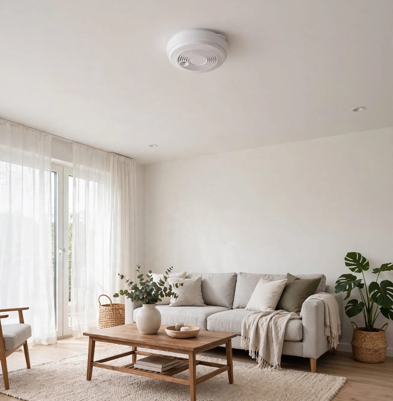 Photoelectric Smoke Alarm YW01 installed on a living room ceiling in a modern home