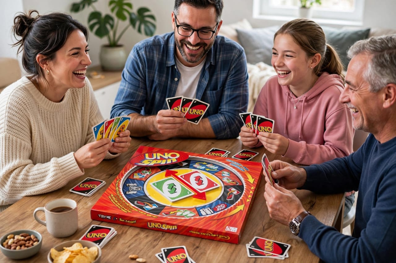 Family of four laughing and playing UNO Spin card game around a dining table