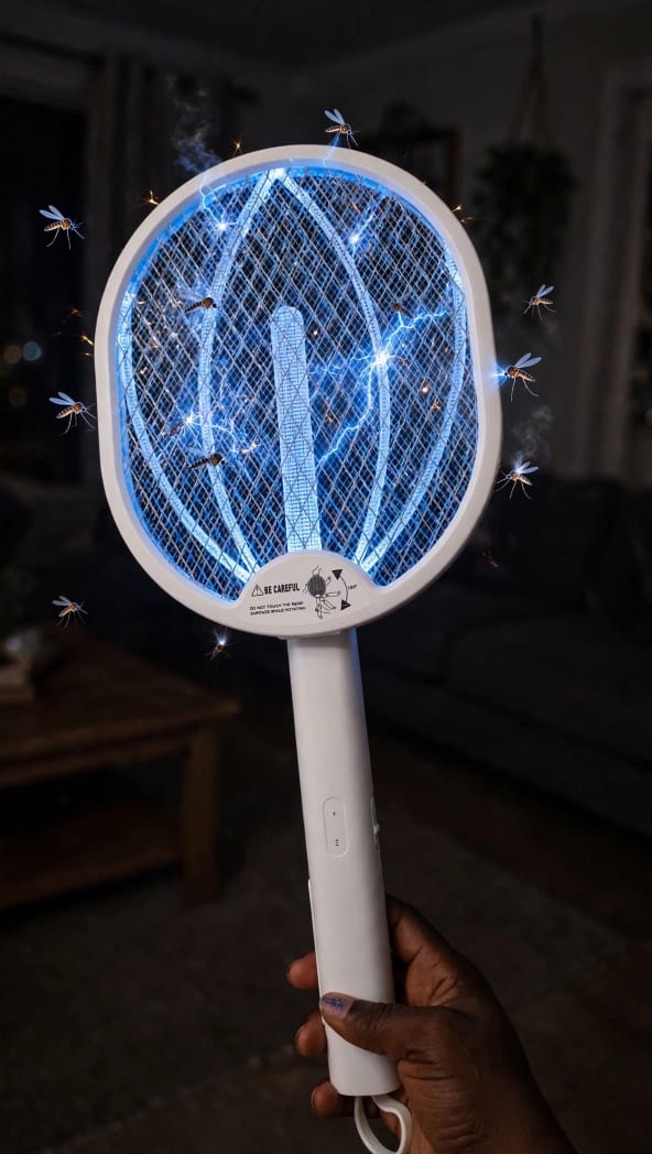 MS-666 electric mosquito racket glowing blue LED UV light zapping mosquitoes in a dark room