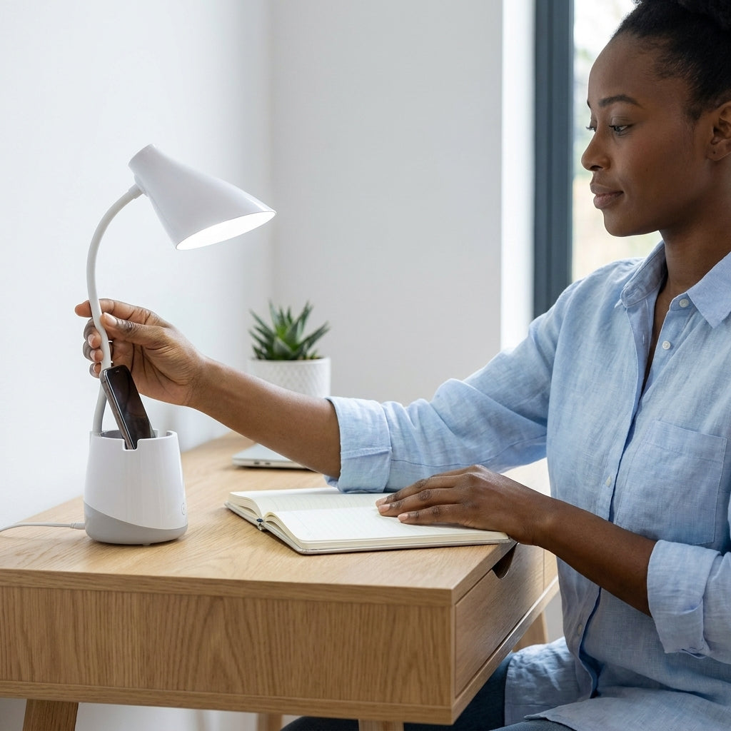 LED Gooseneck Desk Lamp with Pen & Phone Holder
