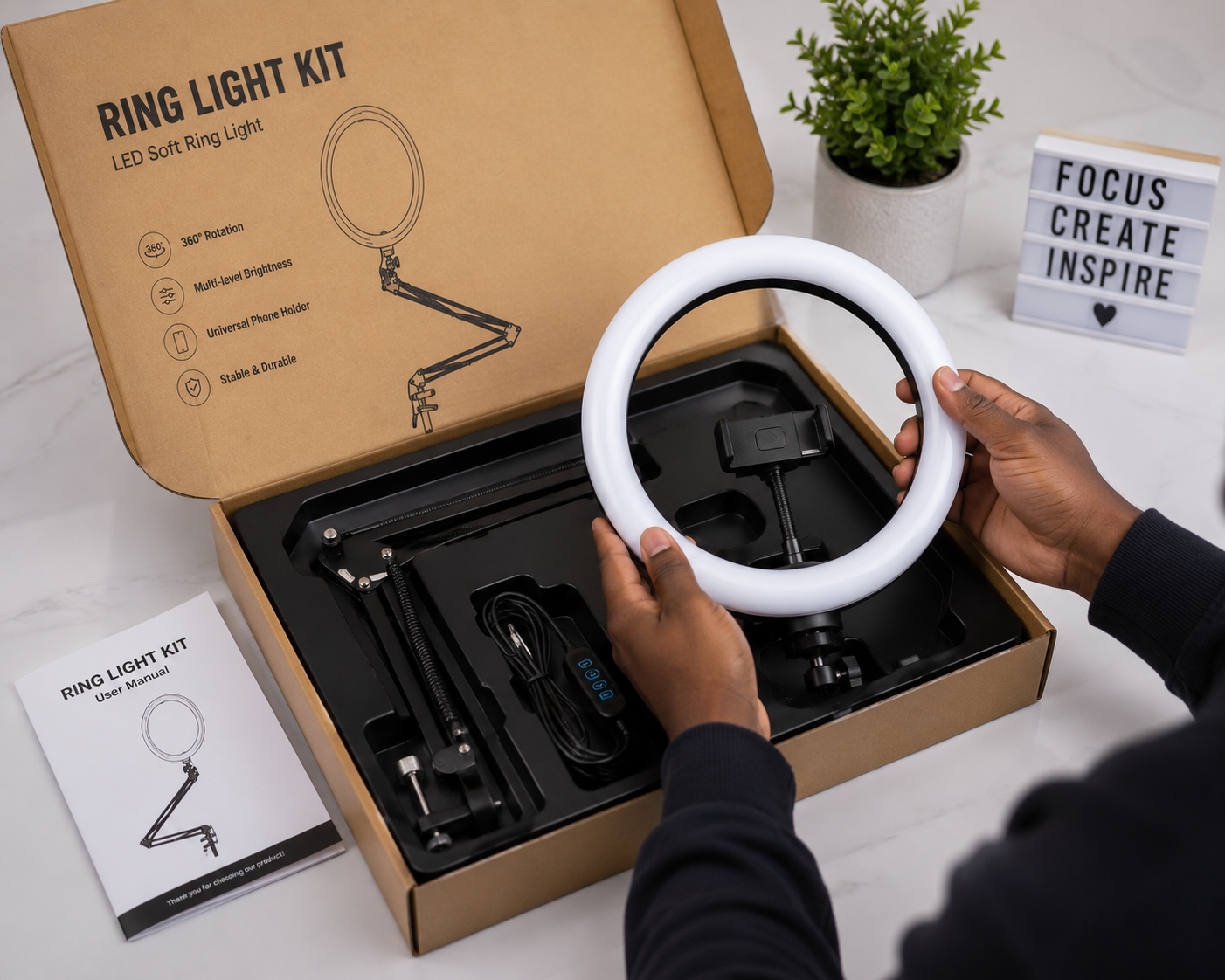 10" LED Ring Light Kit with Foldable Arm Stand & Phone Clamp
