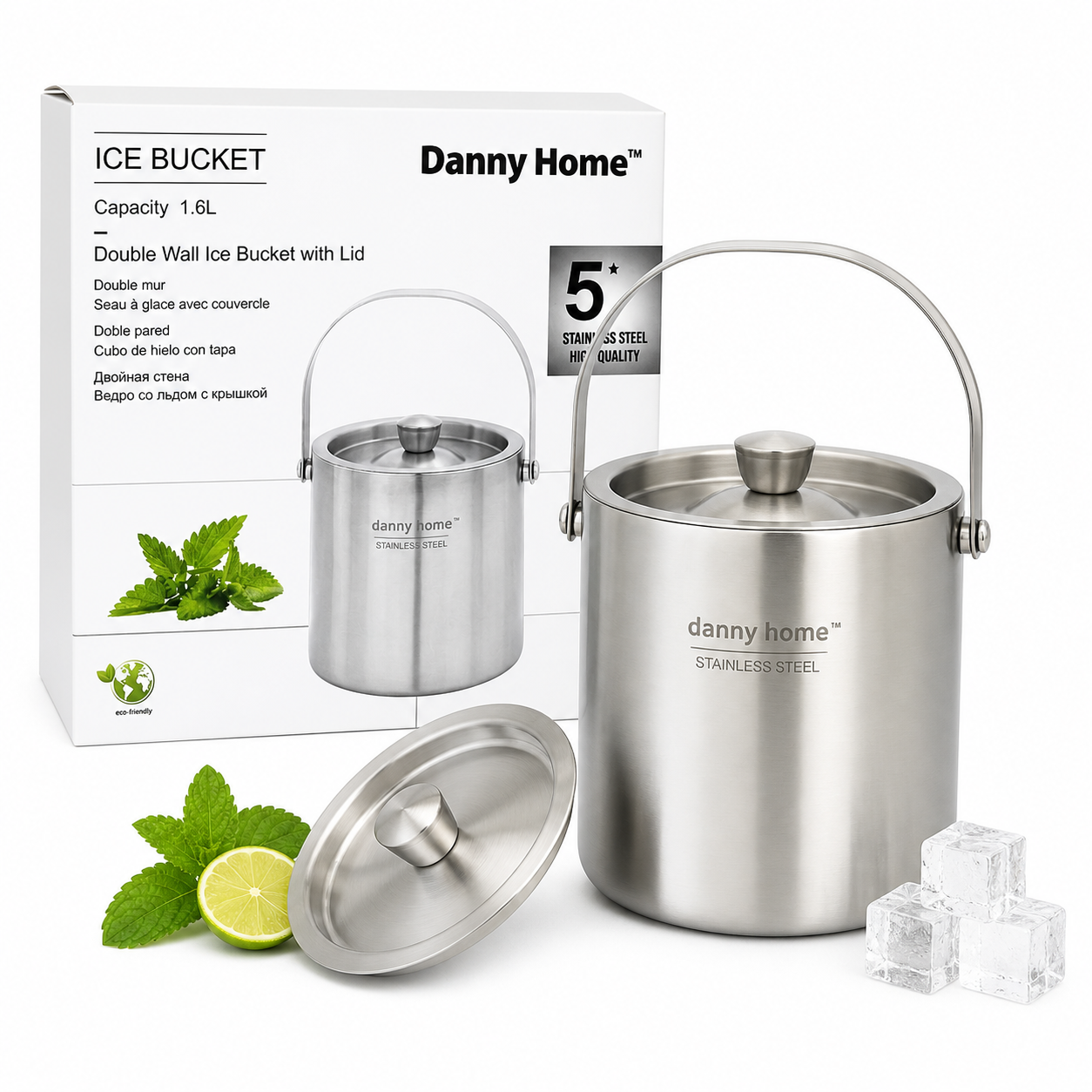 Danny Home Double Wall Ice Bucket with Lid - 1.6L Stainless Steel