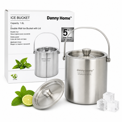 Danny Home Double Wall Ice Bucket with Lid - 1.6L Stainless Steel