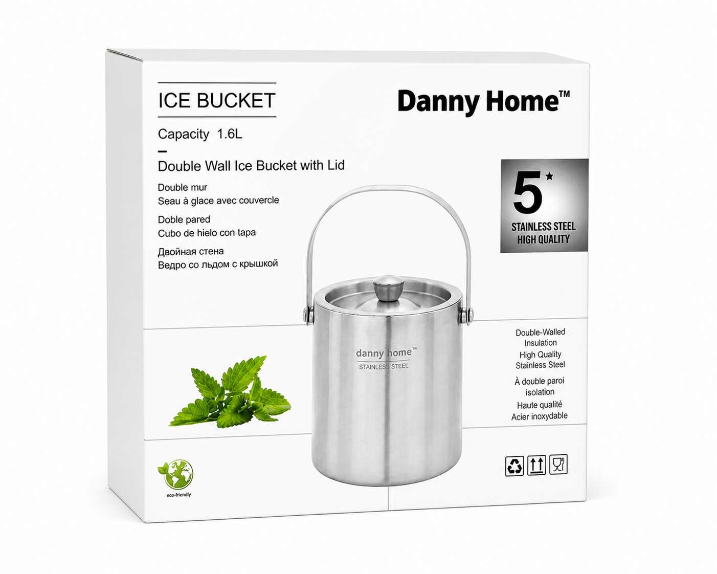 Danny Home Double Wall Ice Bucket with Lid - 1.6L Stainless Steel