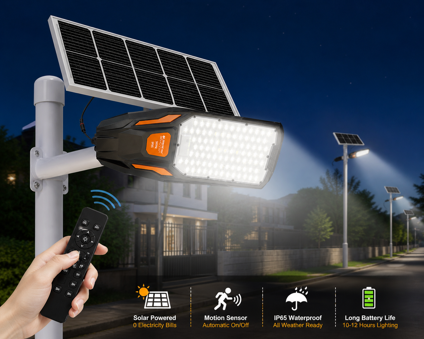Solar LED Street Light - Motion Sensor, IP65 Waterproof & Remote Control