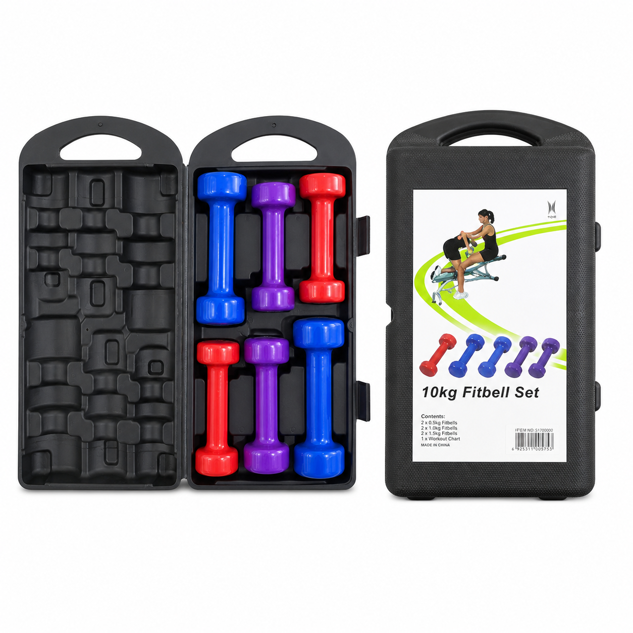 10kg Fitbell Dumbbell Set - 6 Piece Vinyl Weights with Carry Case & Workout Chart