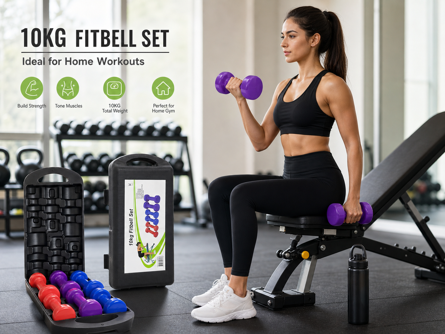10kg Fitbell Dumbbell Set - 6 Piece Vinyl Weights with Carry Case & Workout Chart