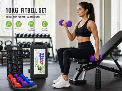10kg Fitbell Dumbbell Set - 6 Piece Vinyl Weights with Carry Case & Workout Chart