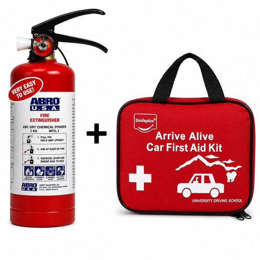 Car Safety Bundle – ABRO Fire Extinguisher + Arrive Alive First Aid Kit Combo Deal