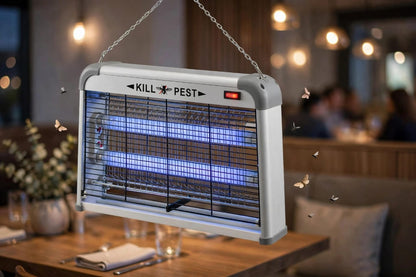 Gecko Kill Pest LTM-20W UV bug zapper hanging in a restaurant attracting and killing flying insects