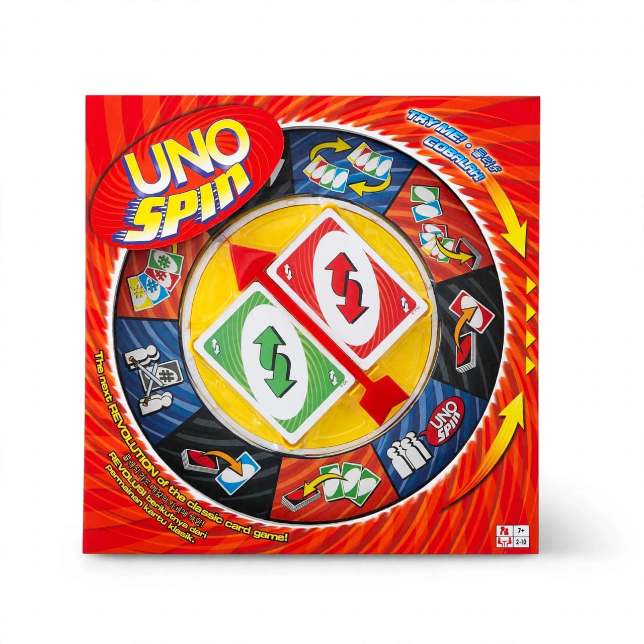 UNO Spin card game box showing spinning wheel and colourful cards