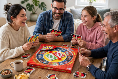 Family of four laughing and playing UNO Spin card game around a dining table