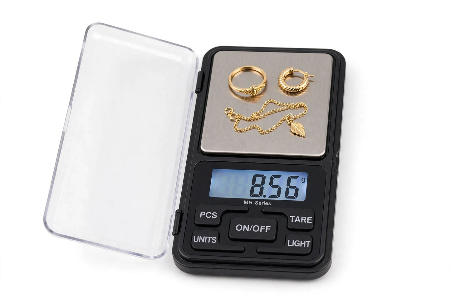 MH-Series Digital Pocket Scale open with jewelry on platform