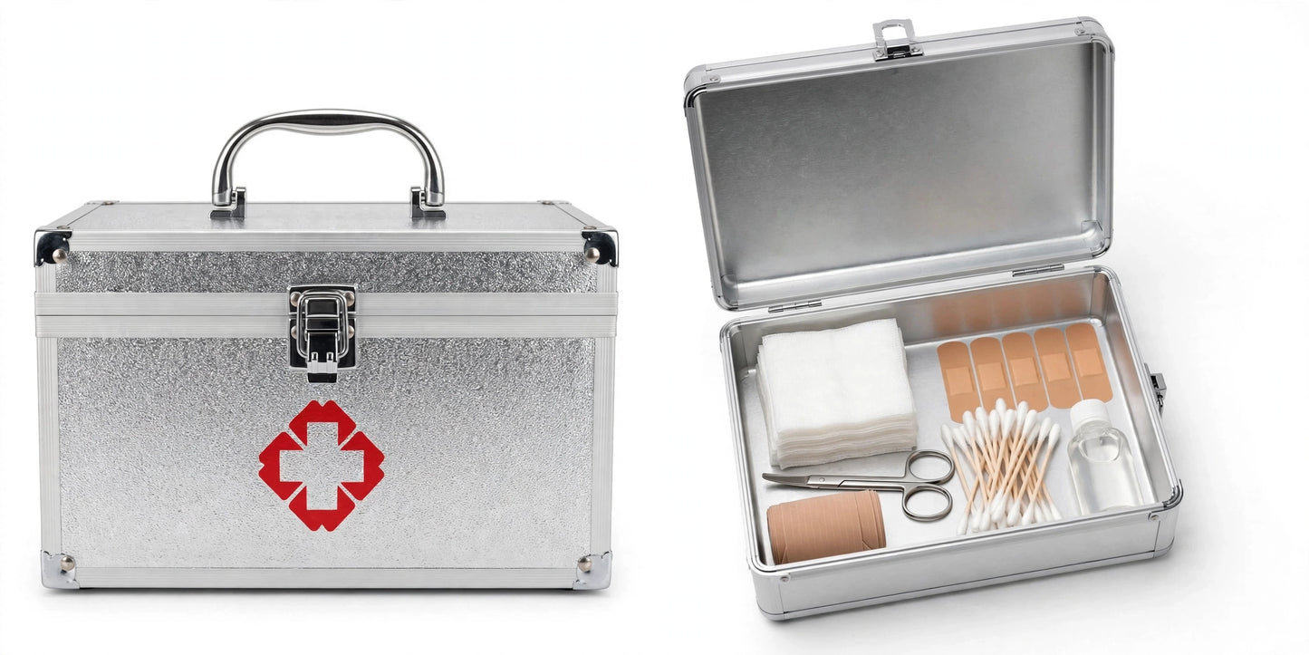 First aid kit box closed and open showing organized interior tray with supplies