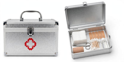 First aid kit box closed and open showing organized interior tray with supplies