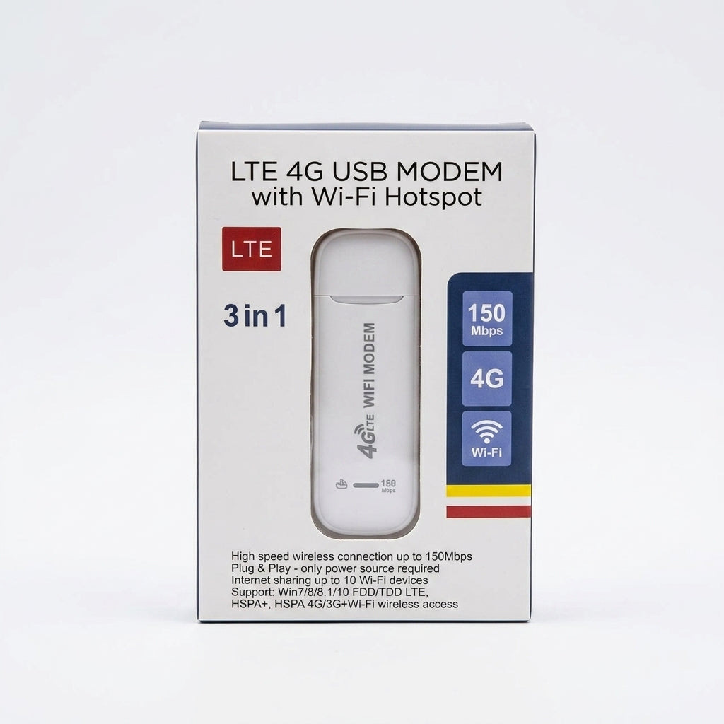LTE 4G USB Modem with Wi-Fi Hotspot — 3-in-1, 150Mbps