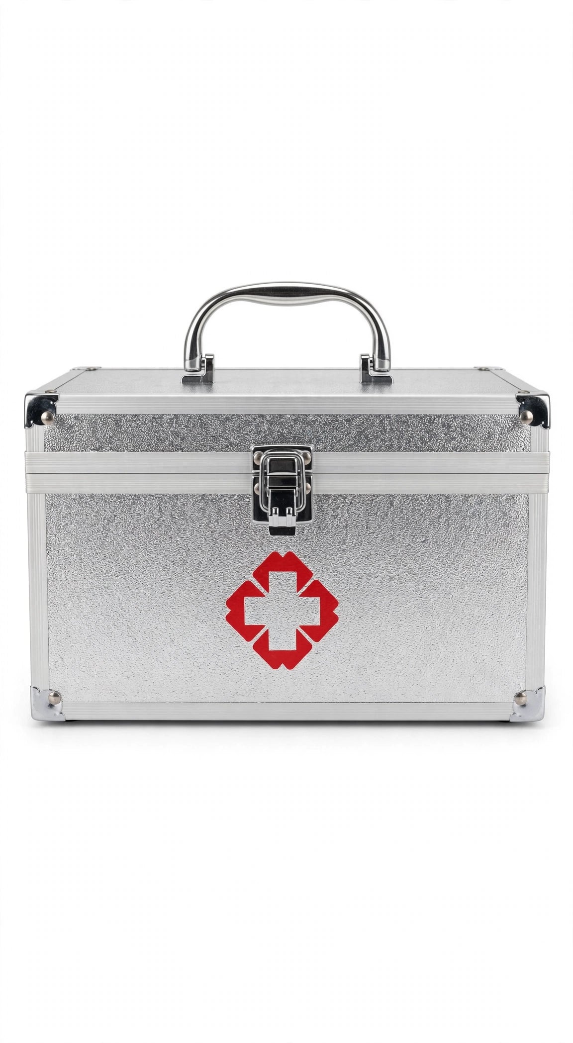 Silver aluminium first aid kit box with red cross symbol and secure latch