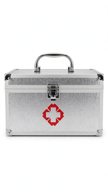 Silver aluminium first aid kit box with red cross symbol and secure latch