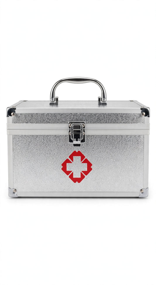 Silver aluminium first aid kit box with red cross symbol and secure latch