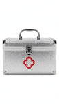 Silver aluminium first aid kit box with red cross symbol and secure latch